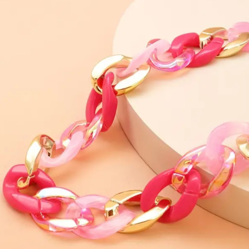 ACRYLIC 22-IN CURB LINK HOT PINK SLASH GOLD/BABY PINK - Picture 1 of 3